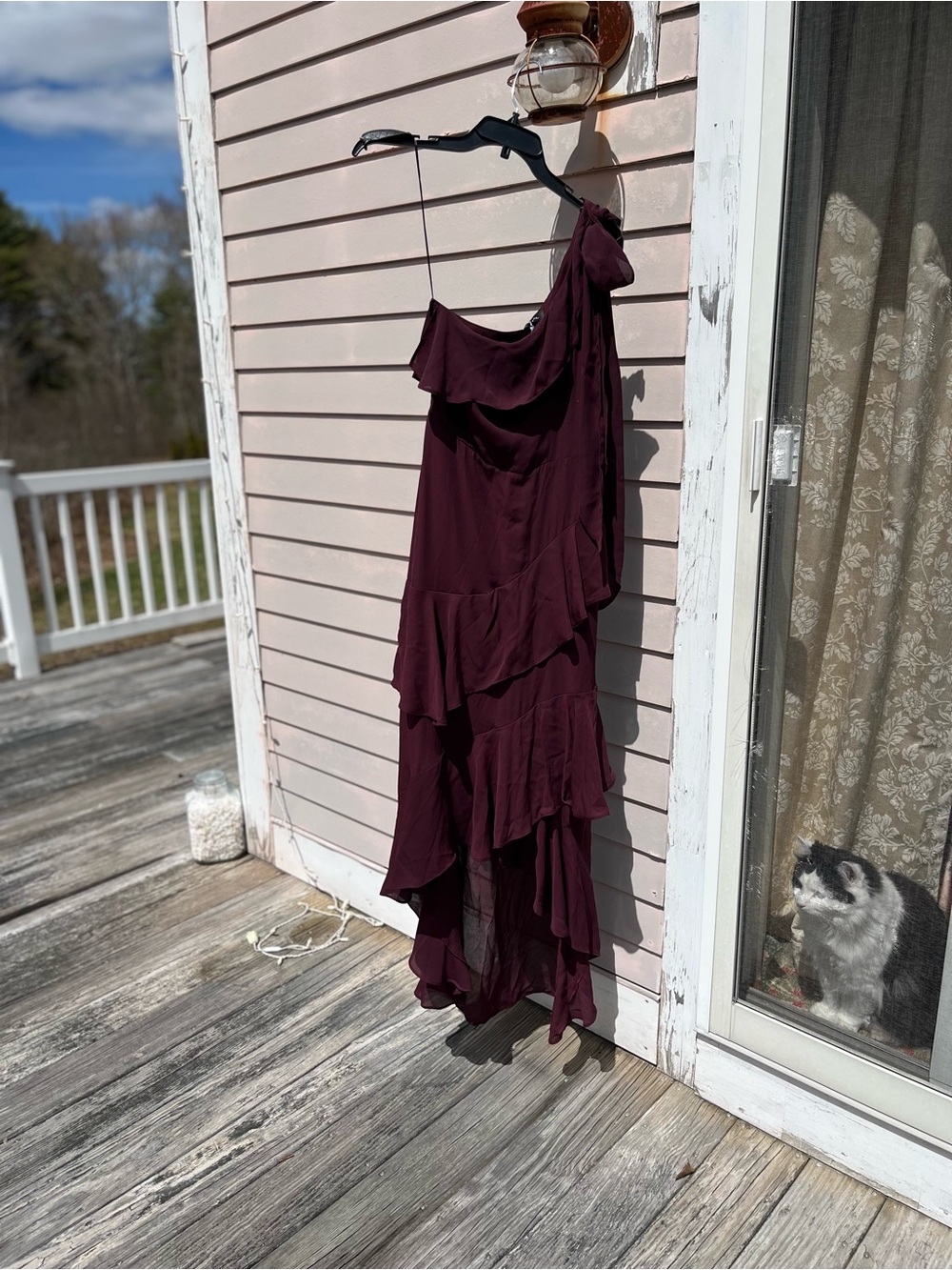 One-Shoulder Wine Ruffle Midi Dress